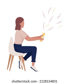 Young lady with confetti semi flat color vector character. Sitting figure. Full body person on white. Festive celebration simple cartoon style illustration for web graphic design and animation