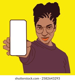A young lady confidently showing her phone screen, smiling and exuding positivity in a modern and engaging setting.