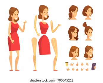 Young lady constructor with various hairstyles and gestures. Separate parts of body. Cartoon style, flat vector illustration.