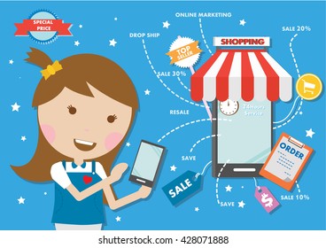 Young lady in counter service of shopping online station , Business Concept Cartoon Illustration.