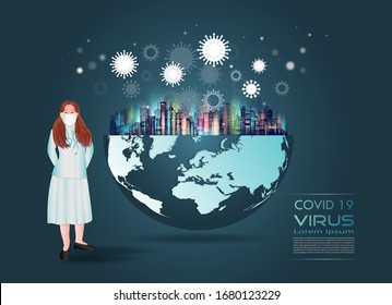 Young lady doctor in uniform wearing sterile mask protection. Virus attack world. Wearing mask for protect pollution. Protection the world with wearing mask and Always take care of your health.