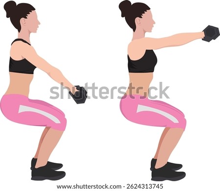 A young lady doing Dumbbell squats to front, both positions together, wearing sportswear in front of a white background. Flat vector illustration.