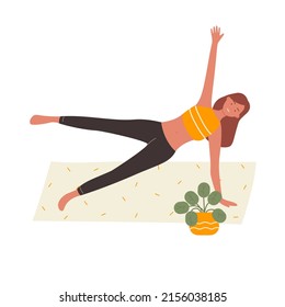Young lady doing home physical stretching exercise. Fitness and yoga practising activity cartoon vector illustration