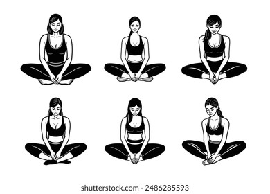 A young lady doing simple Seated Forward Bend yoga poses selhouette art vector illustration bundle set