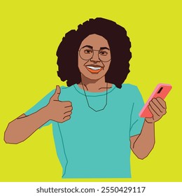 the young lady doing thumbs up holding a cell phone and smiling