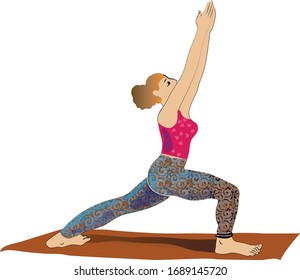 Joven haciendo yoga un ejercicio, virabadhrasana, fuerte