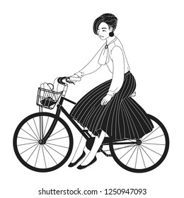 Young lady dressed in elegant clothes riding city bike drawn with contour lines on white background. Monochrome portrait of smiling woman sitting on bicycle. Stylish bicyclist. Vector illustration.