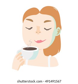Young lady drinking coffee early in the morning. Enjoying coffee smell. Vector illustration isolated on white background