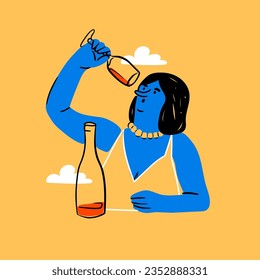 Young lady drinks Wine from the glass. Person sitting with bottle of alcohol. Hand drawn Vector illustration. Celebration, addiction, bad habit, mood, lifestyle concept. Icon, poster, print template