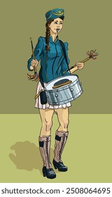 Young lady drummer playing in a street orchestra. Pretty girl wearing an uniform hat, jacket and mini skirt with a whistle in her mouse, drum on her neck and drummer sticks in her hands.