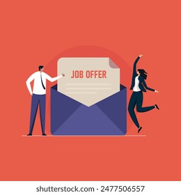 young lady employee celebrating success after getting job offer, We Are Hiring concept