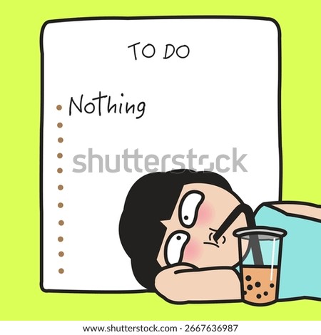 Young Lady Enjoy Drinking Bubble Milk Tea On The Floor With Doing Nothing List Concept Cartoon Character illustration