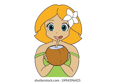 The young lady enjoys a delicious coconut while playing with it, savoring the sweet taste and having fun with the versatile fruit.