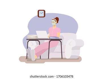 Young lady with facial mask working from home. Simple flat illustration.
