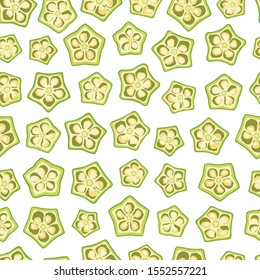 Young lady finger or green okra slices on white background.Pattern Design.
