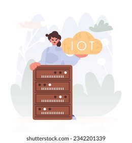 Young lady Getting a handle on the IoT Picture Inside the center of a Organize of Servers, Symbolizing the Interconnectivity and Mechanical Headways of Advanced Times.