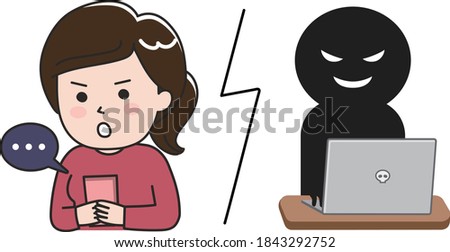 Young lady getting scammed by a fake website on tablet or smartphone. Vector illustration isolated on white background.