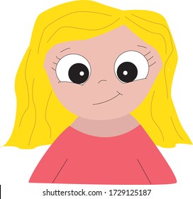 Jovencita, ilustración vectorial de chica. avatar de mujer positiva. Rubia con ropa rosa. Cara sonriente, ojos grandes. Ilustración de dibujos animados planos para el diseño. Estilo creativo kawaii y cortés. Archivo EPS de ilustrador.