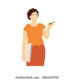 Young lady with glasses holding folder for documents and a pen in her hands - Woman character business woman, speaker - Modern vector illustration, isolated
