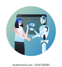 Young lady in glasses standing near robot, holding hand and looking at virtual diagram. Research of new technologies, development concept. Flat vector illustration in cartoon style