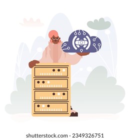 Junge Dame, die das IoT-Symbol inmitten einer Serverorganisation ergreift, symbolisiert die Interkonnektivität und die mechanischen Kopfzeilen der Advanced Times.