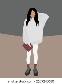 A young lady in a gray sweater, white pants, gray boots, with a bag and colorful socks. Vector flat image with a dark background. Design for postcards, posters, backgrounds, templates, textiles.