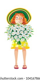 The young lady in the green broad-brimmed hat with a large bouquet of daisies