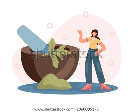 Young lady grinds stevia into powder in big plate. Young human use sweetener in daily diet. Flat vector illustration in cartoon style and green and blue colors