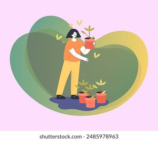 Young lady growing plants vector illustration. Female cartoon character taking care of houseplant in pots. Gardening, agriculture, hobby concept