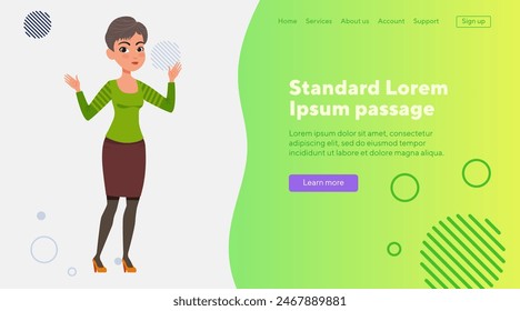 Young lady with hands up. Female cartoon character with modern hairstyle flat vector illustration. Occupation, fashion, gesture concept for banner, website design or landing web page