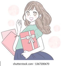 A young lady has a present and a paper bag. She is attractive.