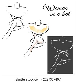 Young lady in hat portrait isolated on white background. Contour drawing. Black, white and color stroke. Beautiful awesome woman silhouette. Advertisement design elements.