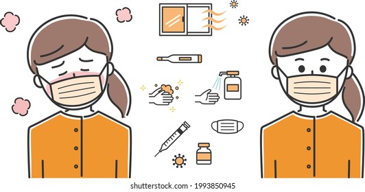 Young lady having a fever with countermeasures against covid-19. Vector illustration isolated on white background.