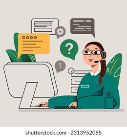 Young lady in headphones sitting at table, looking at computer screen and chatting with client. Online help for costumers concept. Flat vector illustration in green colors