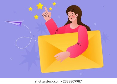 Young lady holding a big envelope. Businessman pointing a flying paper plane. email marketing, newsletter, news, offers, promotions subscription. Follow us on social media concept. trendy style vector