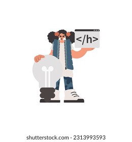 The young lady is holding a browser window with a programming image, and is additionally standing close a huge light bulb. Disconnected on white foundation. Trendy style, Vector Illustration