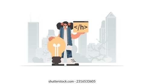 La joven está sosteniendo una ventana del navegador con una imagen de programación, y además está parado cerca de una enorme bombilla. Estilo de moda, Ilustración vectorial