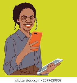 A young lady holding a cell phone in one hand and a tablet in the other, exuding confidence and multitasking efficiency in a modern and professional setting.