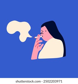 Young lady holding cigarette. Hand drawn modern Vector illustration. Addiction, bad habit, smoking concept. Poster, print, logo, icon design template. Isolated element