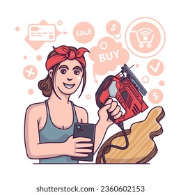 Young lady holding fretsaw and ready to cut wood. Order and buying different instruments for work with wood. Online shopping. Flat vector illustration in cartoon style