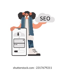 The young lady is holding a information cloud and a server. Separated on white foundation. Trendy style, Vector Illustration