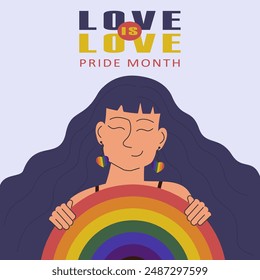 Young lady holding LGBT flag concept illustration. Pride month celebration against violence, discrimination