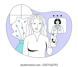 Young lady holding mobile phone and calling to doctor. Time for making treatment online. Remote meeting with therapist. Vector flat line illustration in blue colors