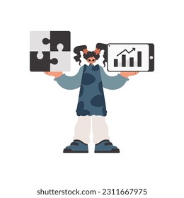 The young lady is holding a perplex and a positive development chart. Thought group work. Confined. Trendy style, Vector Illustration