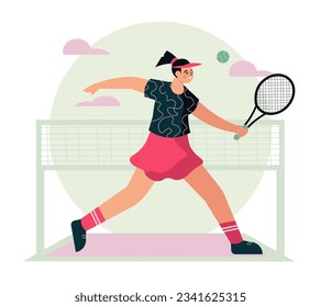 Young lady holding rocket and playing tennis outside. Sporty and healthy lifestyle. Concept of doing workout. Vector flat illustration in green and red colors in cartoon style