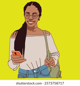 A young lady holding a shopping bag in one hand and a cell phone in the other, with a cheerful expression, exuding confidence and energy in a vibrant, casual setting.