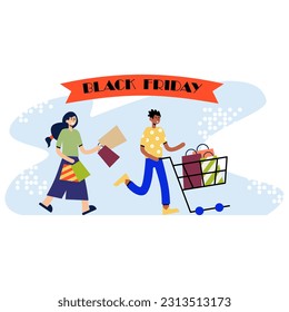 Young lady holding shopping bags and going to Black Friday. American man carry cart with purchases. Profitable shopping day concept. Colorful vector illustration in flat design
