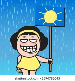 Young Lady Holding Sunny Day Protest Sign Amidst The Rain Concept Cartoon Character illustration