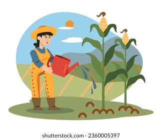 Young lady holding watering pot and watering plant. Work on corn plantation concept. Corn cultivation concept. Flat vector illustration in cartoon style in green and yellow colors