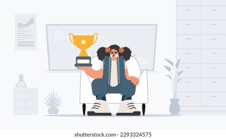 Young lady holding the winner's container. Trendy style, Vector Illustration